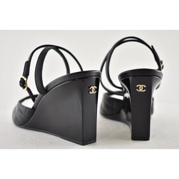 Chanel 24C Black Quilted Lambskin CC Crystal Logo Ankle Strap Sandal Wedge 38 - Picture 12 of 16